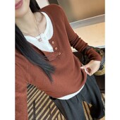 软糯圆领 上衣 长袖 假两件排p扣针织衫 女早秋2024新弹力显瘦短款