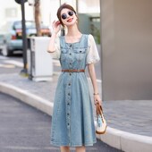 泡泡袖 牛仔拼接连衣裙2024夏E季 方领收腰显瘦中长款 法式 薄款 牛仔