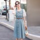 泡泡袖 牛仔拼接连衣裙2024夏E季 方领收腰显瘦中长款 法式 薄款 牛仔