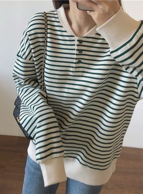 哺乳衣春秋喂奶外出宽松条纹暗扣卫衣百搭休闲中长款长袖上衣