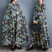 秋季 印花中长版 新款 2023韩版 大尺码 宽松显瘦时H尚长袖 洋装 过膝加