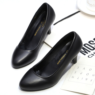 舒适中跟面试礼仪职业女鞋黑色单鞋C大码学生高跟鞋软底工作平底