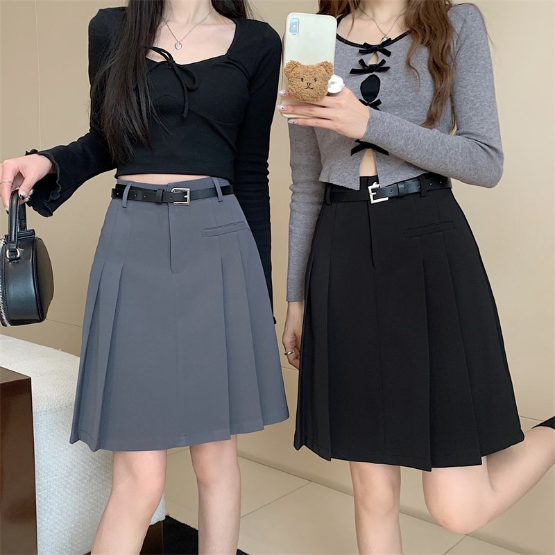 大码高腰灰色百褶裙女中裙春夏学院风防走J光O短裙设计感a字半身