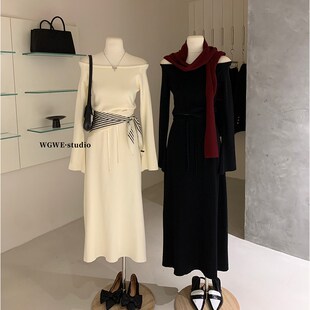 2025早春高级感针织包臀半身裙女两件套长袖一字肩毛衣打底衫上衣
