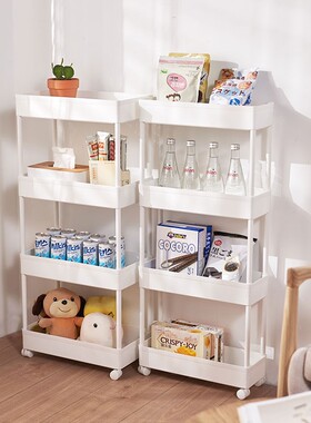 黑色塑料厨房冰箱边夹缝置物架置地式白色卫生间带轮可移动收纳架