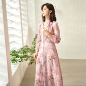 连K衣裙度假法式 2025夏新款 V领金丝雪纺粉色长款 仙女长裙子