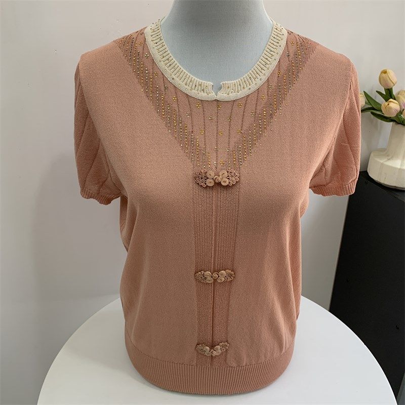 中老年人妈妈装夏季圆领针织T恤洋气薄款冰丝上衣休闲Z女短袖小衫