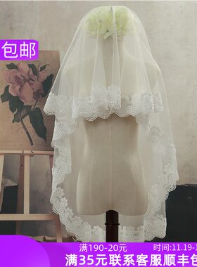 月下相恋新款新娘婚纱韩式短款D头纱精致蕾丝花边简约头纱