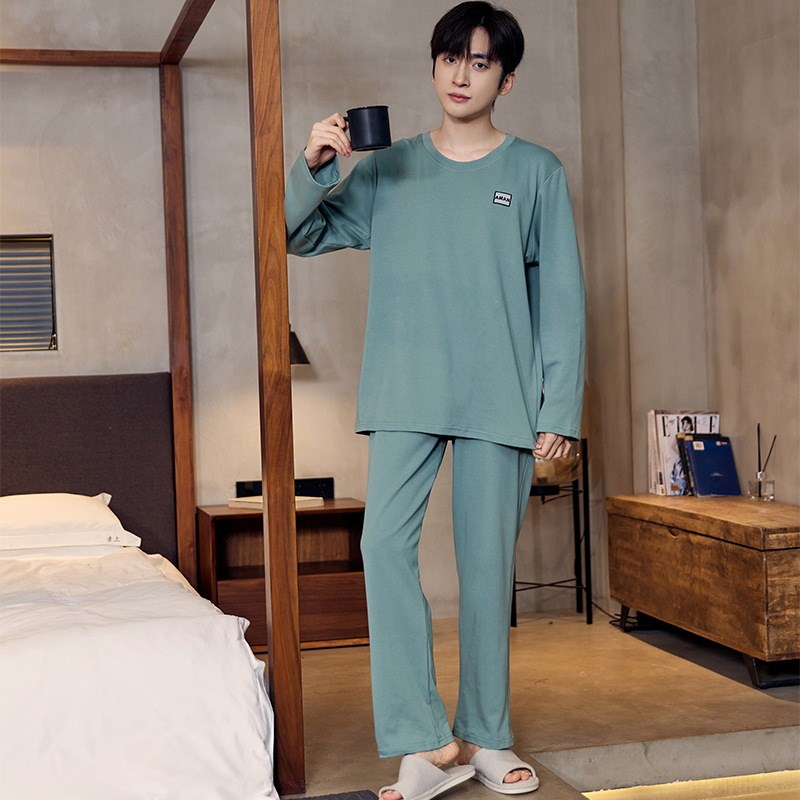 睡衣男202g4新款秋季纯棉长袖长裤圆领套头简约休闲男士家居服套