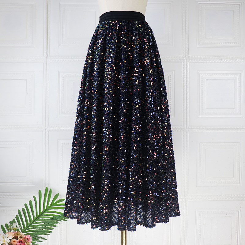 2024秋冬新款闪闪亮片半身裙 高腰显瘦大摆A字裙时尚优雅气质长裙