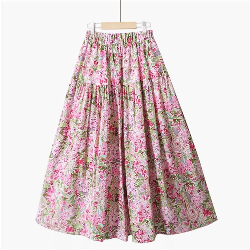 春季甜美法式高腰显瘦民t族风花朵大摆拼接半裙棉布印中长款半身