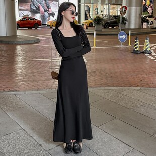 连衣裙2024新款女春秋季黑色垂感A字裙内搭打底裙子修身针织长裙