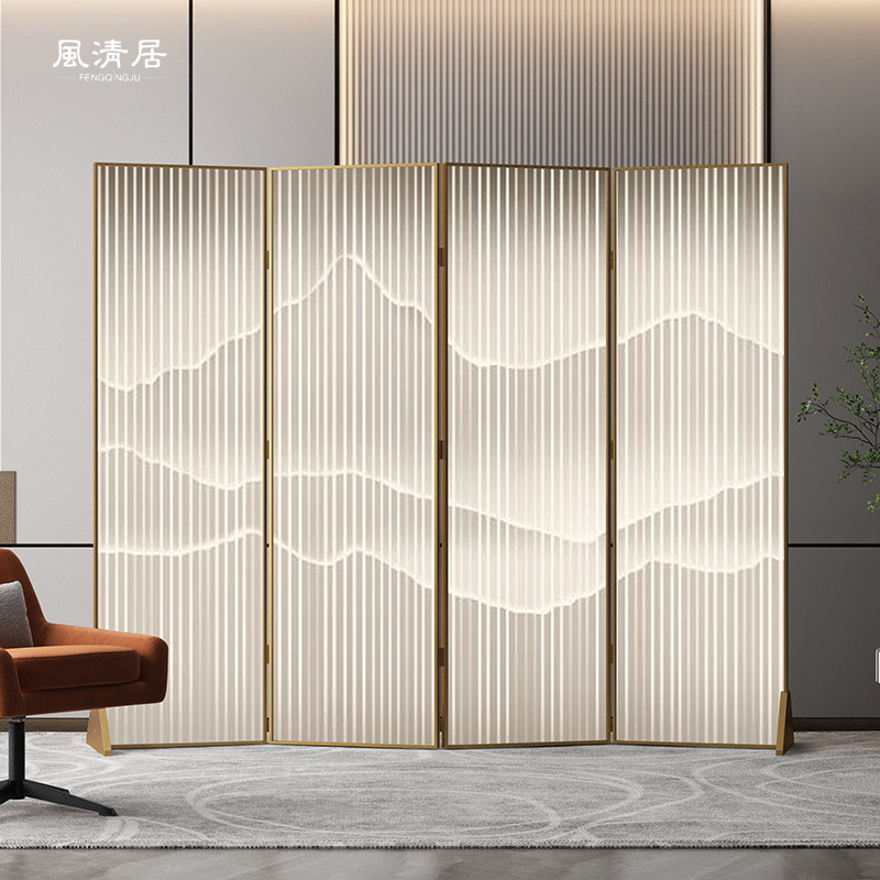 轻奢艺术屏风隔断仿铁艺灯带折叠可移动酒M店大堂高档金属屏风定