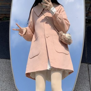 初中女生中长款 高中学生时髦甜美呢子夹棉外 毛呢大衣s秋冬季 新款