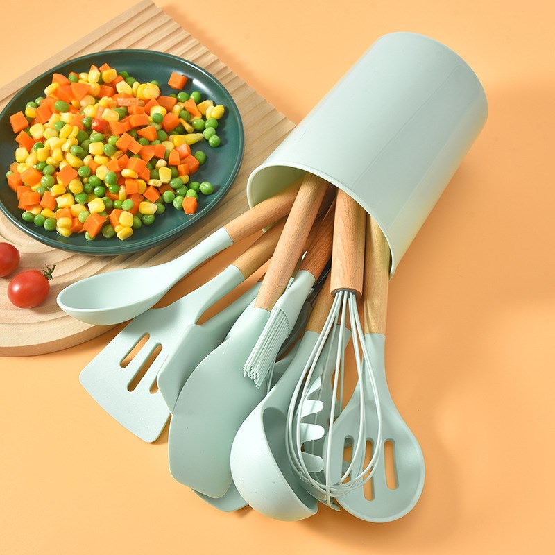 木柄硅胶厨具12件套不粘锅烹饪铲勺锅铲耐高温硅胶厨具十二件套装