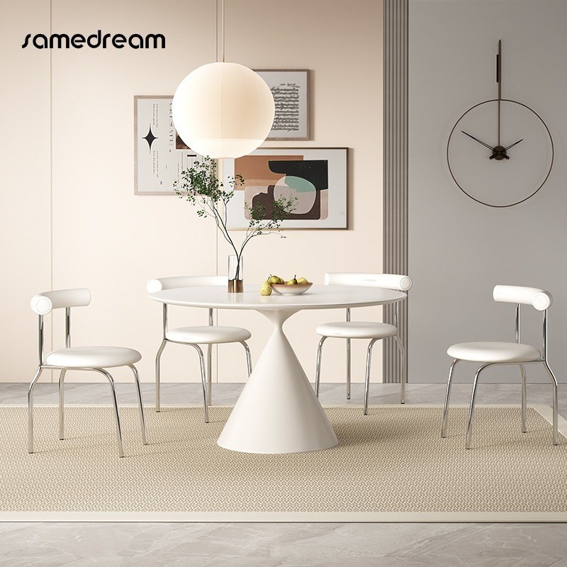 法式洽谈桌岩板圆形餐桌纯白色现代简约圆桌小户型家用饭桌椅组合