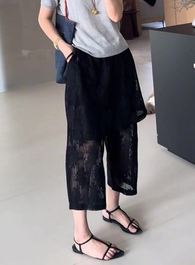 黑色休闲镂空提花九分阔腿裤女2A025夏季新款时尚百搭潮流直筒裤