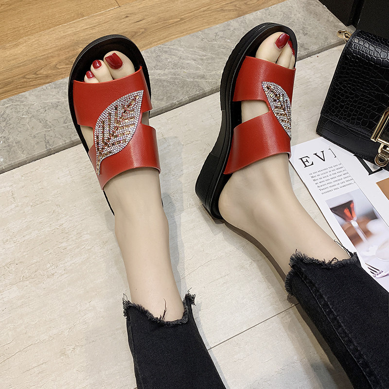 宽胖脚凉鞋女夏季外穿皮面拖鞋高脚面妈妈K凉拖软底大脚骨大码宽