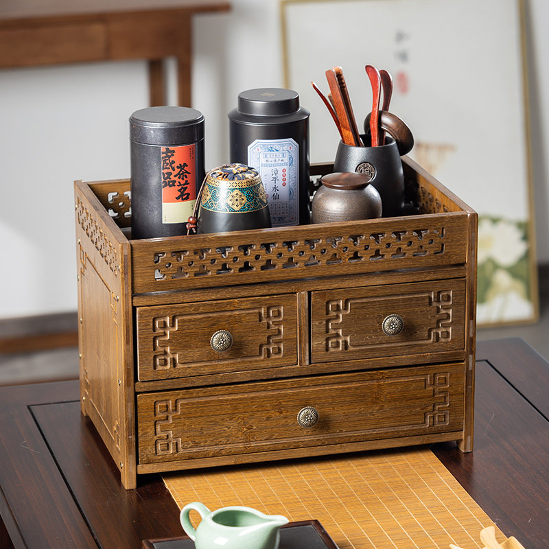 桌面茶具收纳盒竹制小型茶水柜茶叶罐收H纳柜杯子置物架多宝阁茶