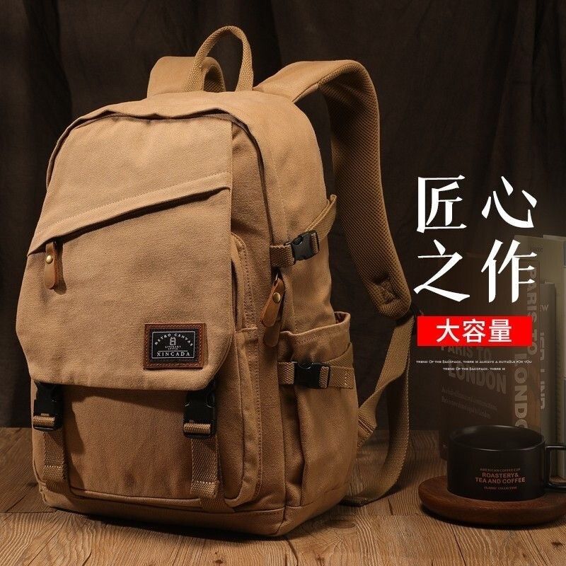 背包男士双肩包帆布电脑小众设计感大学J生美式减重书包旅行背包