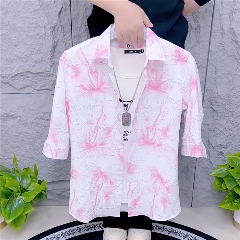 新款中袖衬衫男夏季韩版个性设计感E潮流男士衬衣痞帅炸街网红寸