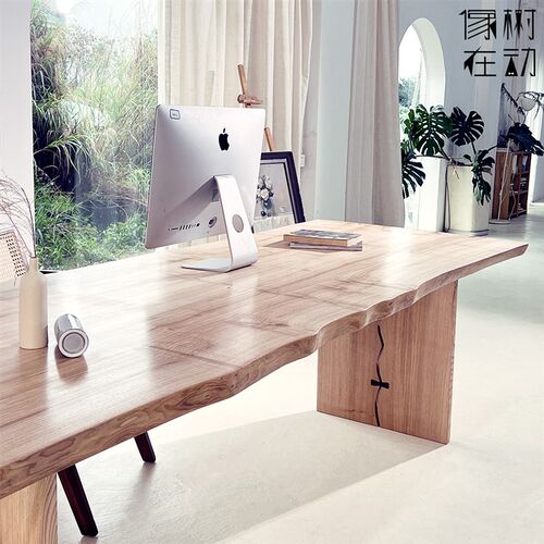 全实木大板e茶桌原木餐桌奶油风书桌办公电脑桌阳台小茶几独板茶