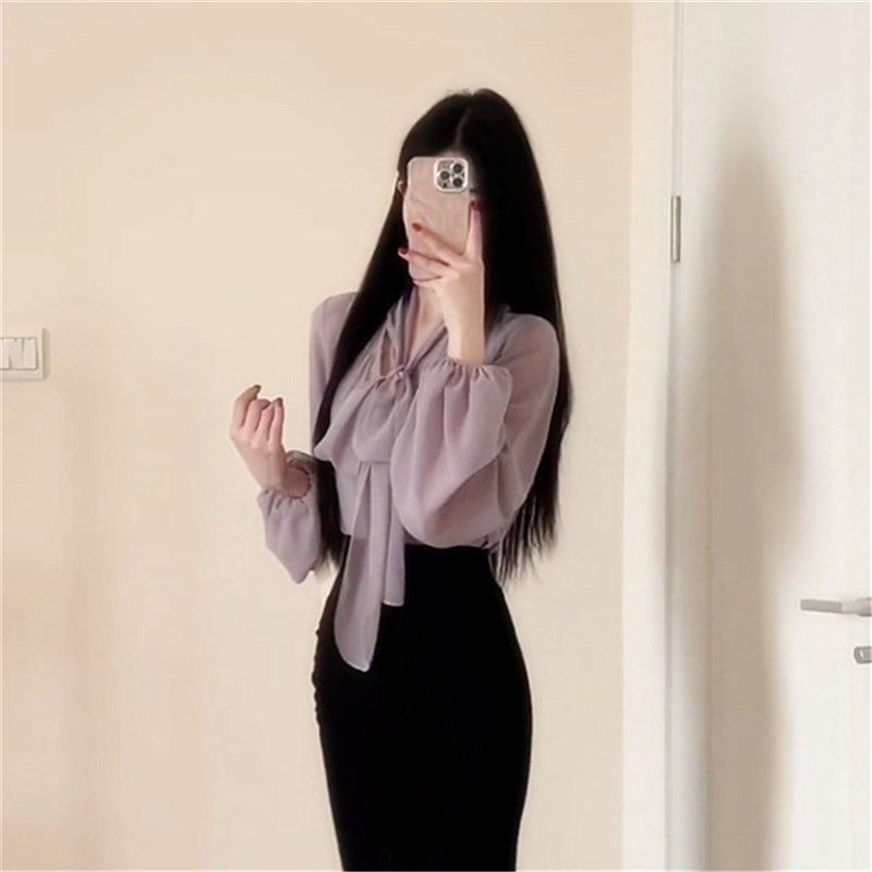 轻熟系长袖宽松雪纺衬衫女2025春秋季飘带V领灯笼U袖网红打底衬衣