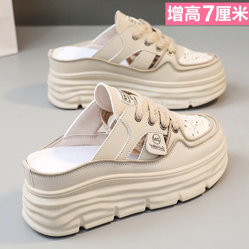 厚底内增高半拖鞋女2025v新夏季外穿松糕底包头凉鞋镂空透气小白