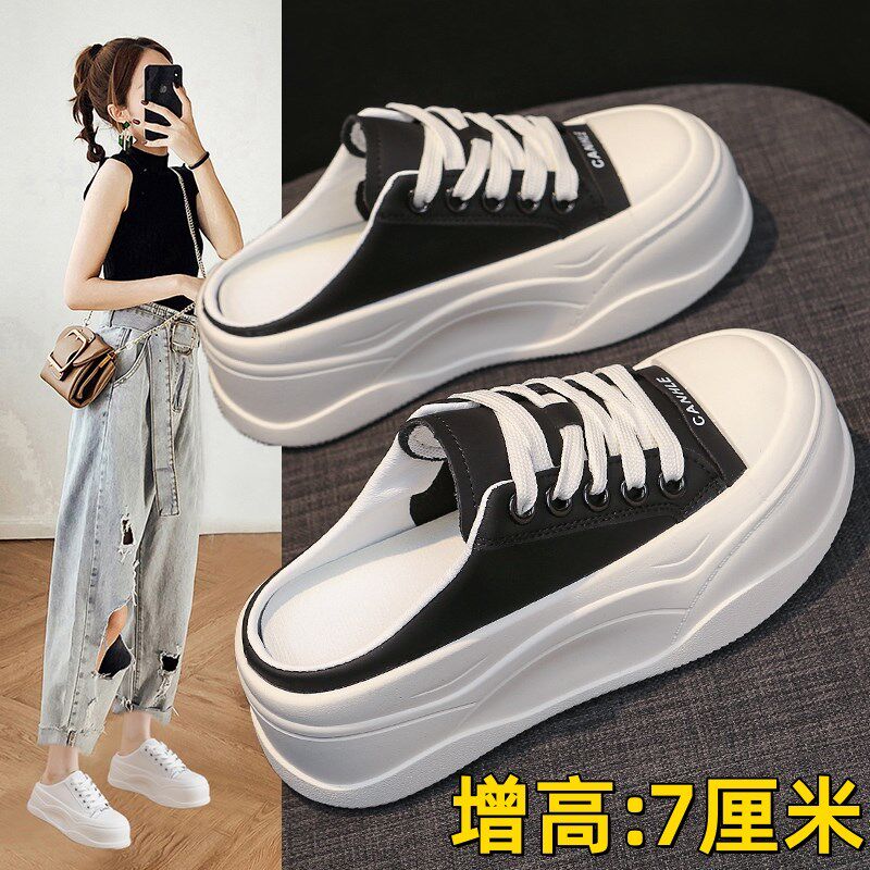 一脚蹬厚底包头半拖鞋女春夏v外穿2025新款松糕增高板鞋34码小白