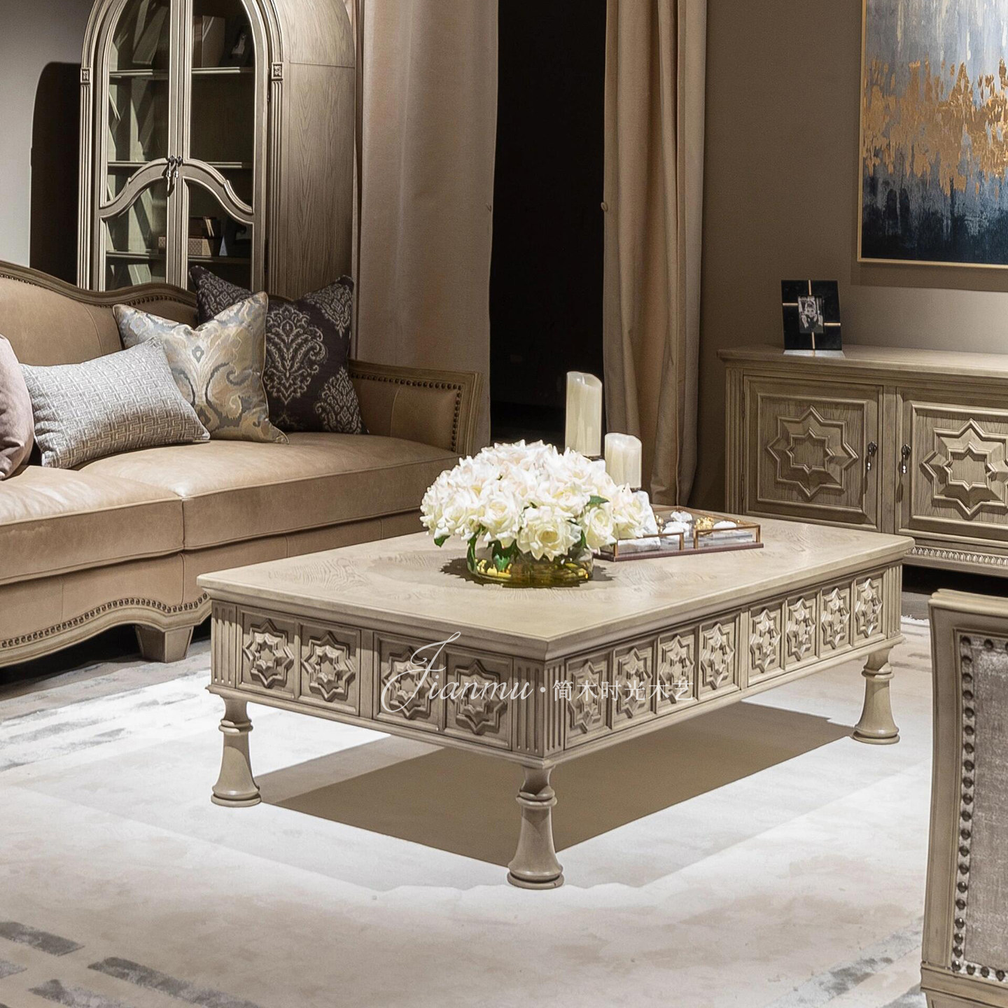 美式复古实木雕花咖啡桌客厅家具轻奢软包沙发古典沙发边几休闲椅