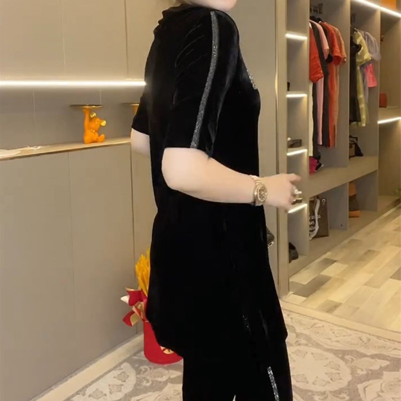 时尚套装2023年秋季新款韩版丝绒烫钻宽松显瘦休闲大衫.打底裤女
