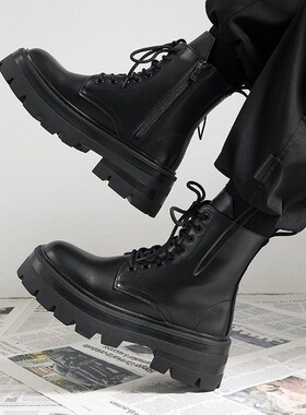马丁靴男款2024秋冬r新款高帮皮鞋英伦风厚底增高中帮黑色皮靴子