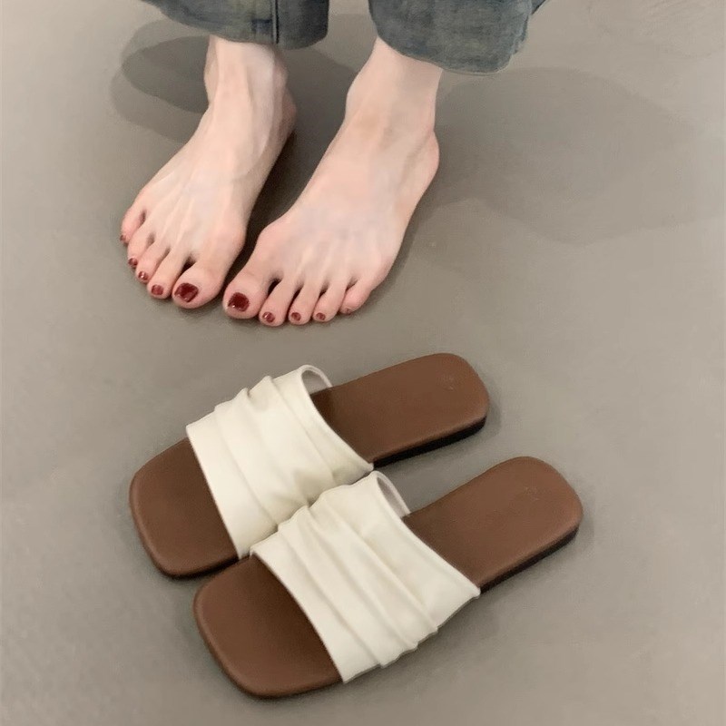 巨舒服一字凉拖鞋202q5夏季韩版绝美简约褶皱露趾度假沙滩平底凉