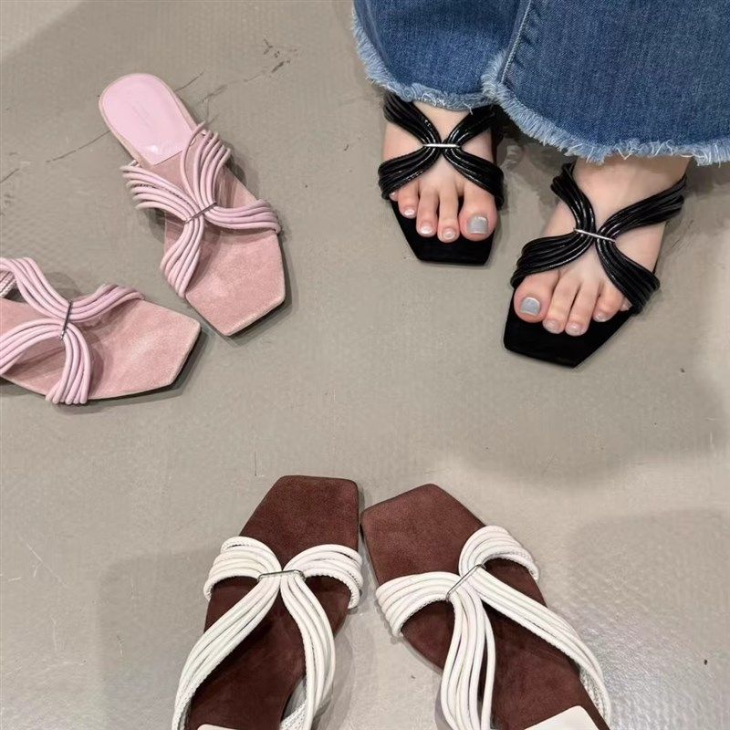 2025夏季f新款方头交叉带坡跟中低跟拖鞋女外穿平底露趾一字拖凉,女鞋,一字拖,淘宝优惠券,粉丝福利购,淘宝优惠卷