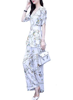 职业套装女2f021年夏季新款减龄显瘦网红气质洋气雪纺阔腿裤两件