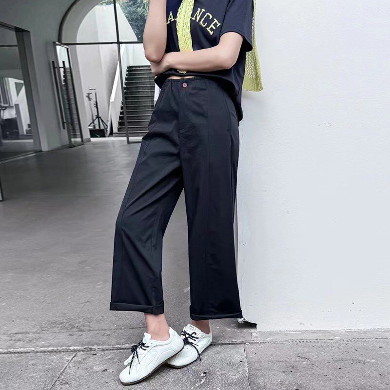 简谜2025新款夏季九分高弹休闲直筒裤女松P紧腰百搭显瘦大码女裤
