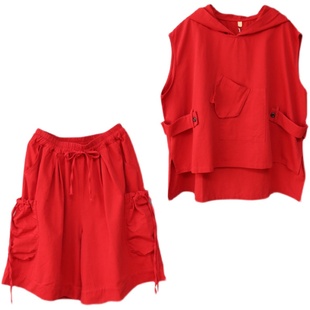 宽松大码 连q帽马甲夏季 个性 时尚 潮流工装 休闲两件套装 五分阔腿裤