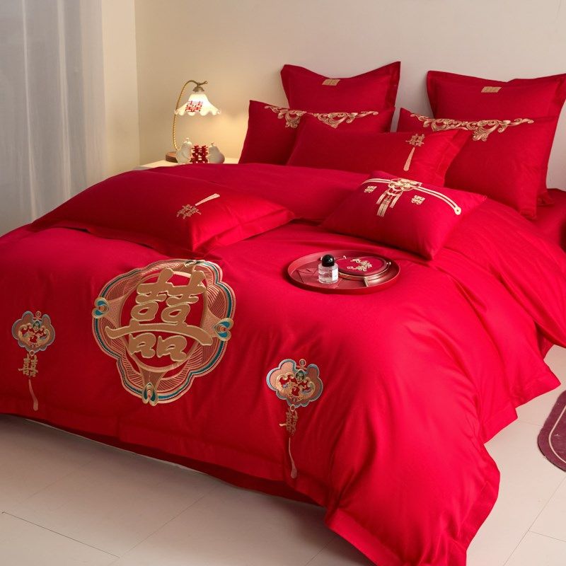 中式喜庆结婚四件套大红色婚礼陪嫁被套婚庆床上用.品婚房备婚,床上用品,婚庆床品套件,淘宝优惠券,粉丝福利购,淘宝优惠卷