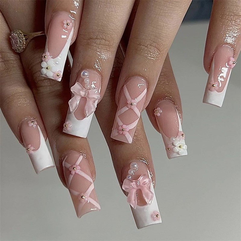 24Pcs Pink Bow Press on Nails 3D Flower with PeSarl Design A