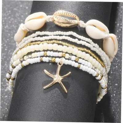 Womens shell anklets跨境时尚沙滩度假风米珠贝壳Y海星多层脚链