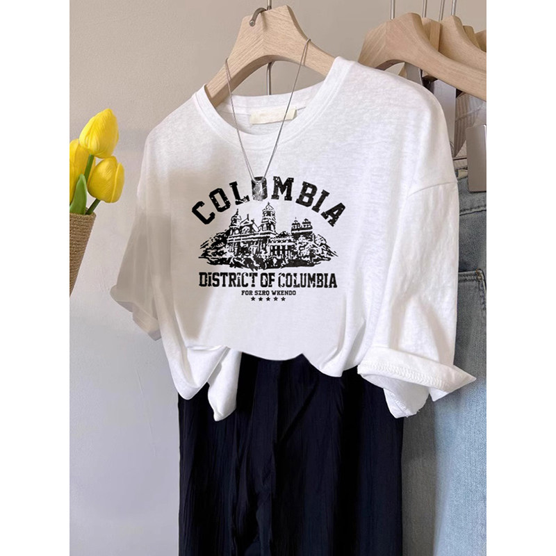 夏季女装竹节棉圆领白色短袖t恤女2024新款大码休闲宽松显瘦上衣