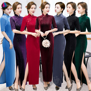 秋款 老上海改良长款 年轻款 冬款 连衣裙 中袖 年会演出旗袍2021年新款
