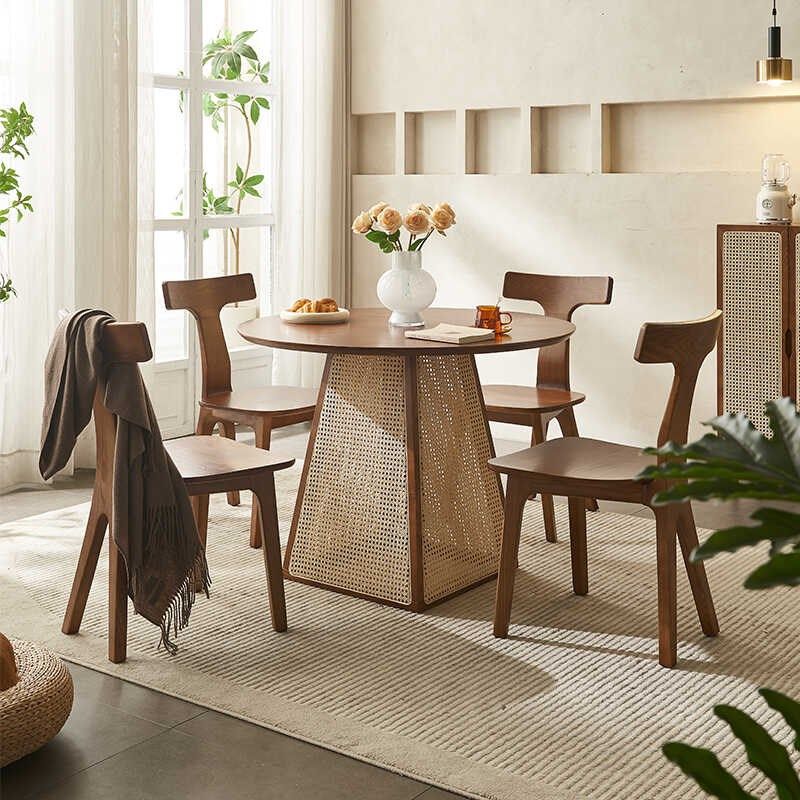 北欧藤编实木餐桌椅组合创意日式家用餐厅圆饭桌民宿酒店餐椅组合