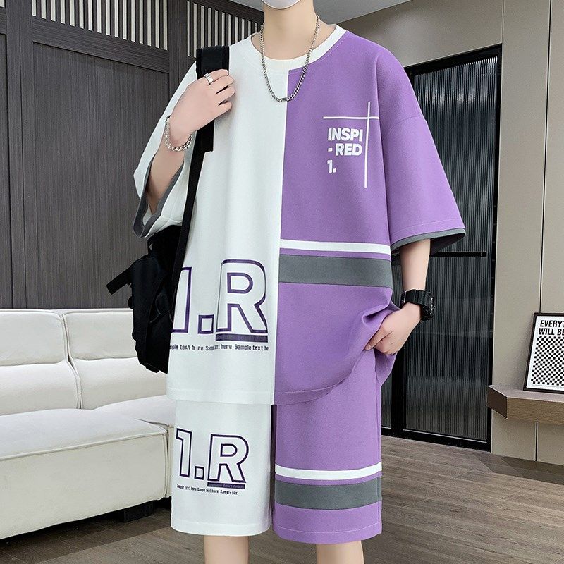 夏季冰丝拼色短袖短裤男穿搭套装青少年潮流帅气休闲运动男装衣服,男装,休闲运动套装,淘宝优惠券,粉丝福利购,淘宝优惠卷