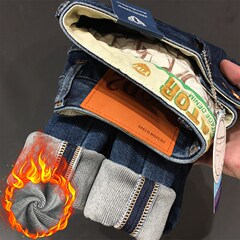 保暖加绒加厚牛仔裤男p九分裤复合厚绒高端潮流弹力修身小直筒长