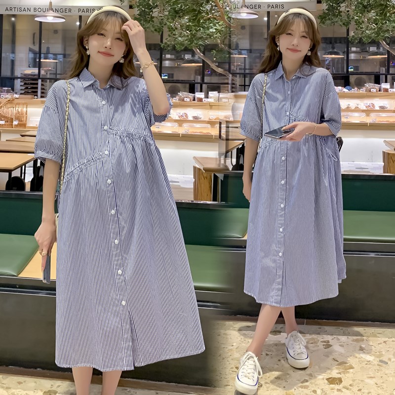 孕妇装夏装短袖翻领条纹衬衫连衣裙宽松大码怀孕裙子夏季孕妇裙夏