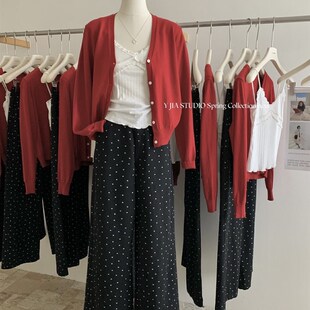 绝美三件套装 波点直筒休闲裤 花边吊带 Y.JIA伊嘉韩系V领针织开衫