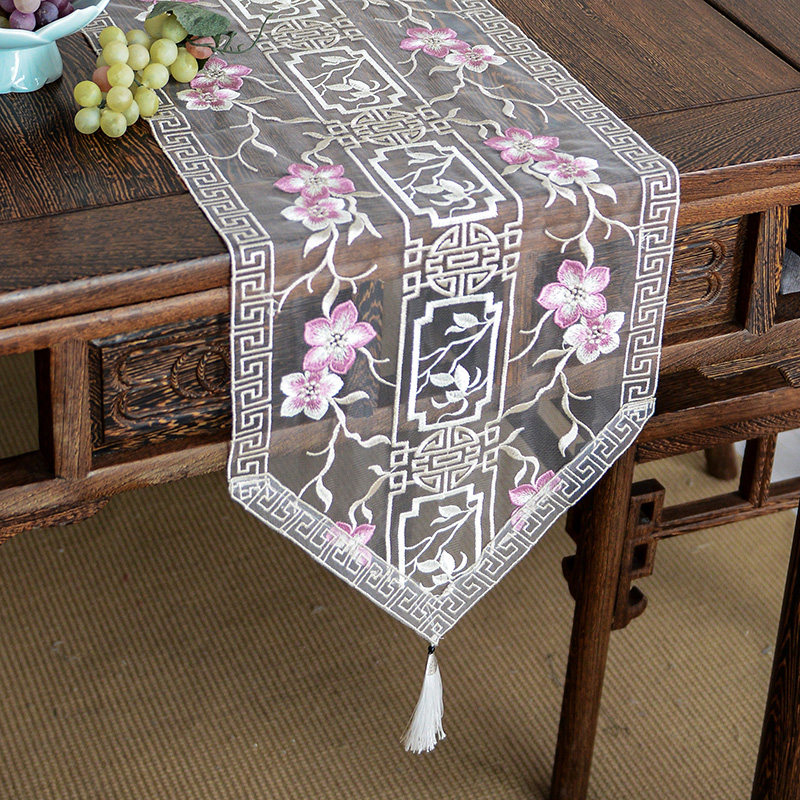桌旗新中式蕾丝刺绣茶旗中国风电视柜盖布高档床旗茶席长条餐桌布,居家布艺,桌旗,淘宝优惠券,粉丝福利购,淘宝优惠卷