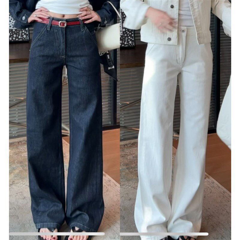 斜门襟三色牛仔裤女春夏复古显瘦休闲百搭长裤子宽松直筒裤原牛色