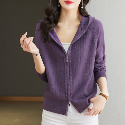 2025秋冬款连帽外搭双头拉链针织开衫女长袖时尚厚款毛衣外套宽松